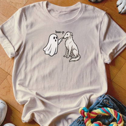 Ghost booping dog on cream t-shirt with "boo-p" text.