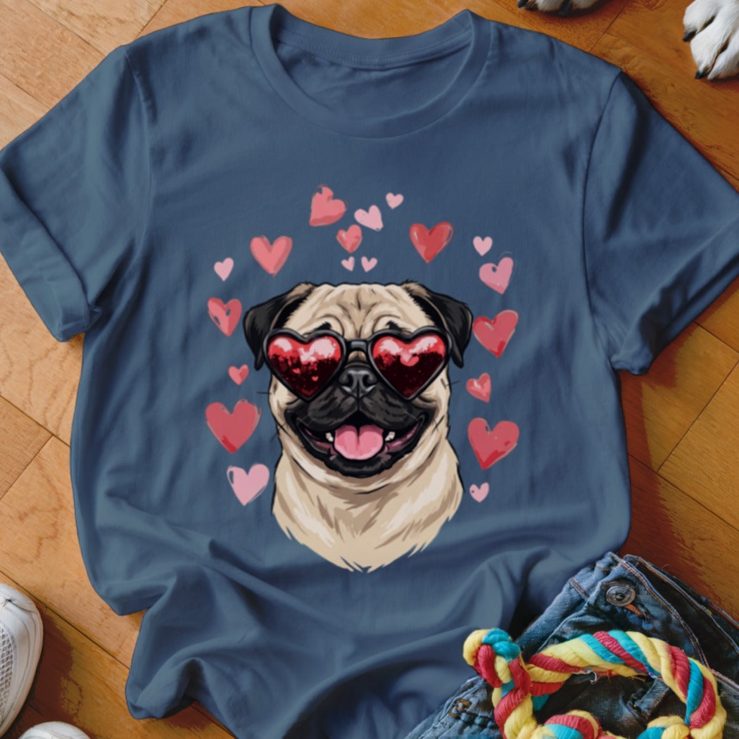 Dark blue t-shirt featuring a graphic of a pug wearing heart-shaped sunglasses surrounded by pink hearts.