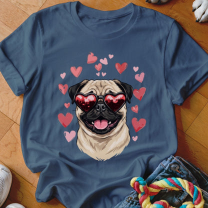 Dark blue t-shirt featuring a graphic of a pug wearing heart-shaped sunglasses surrounded by pink hearts.