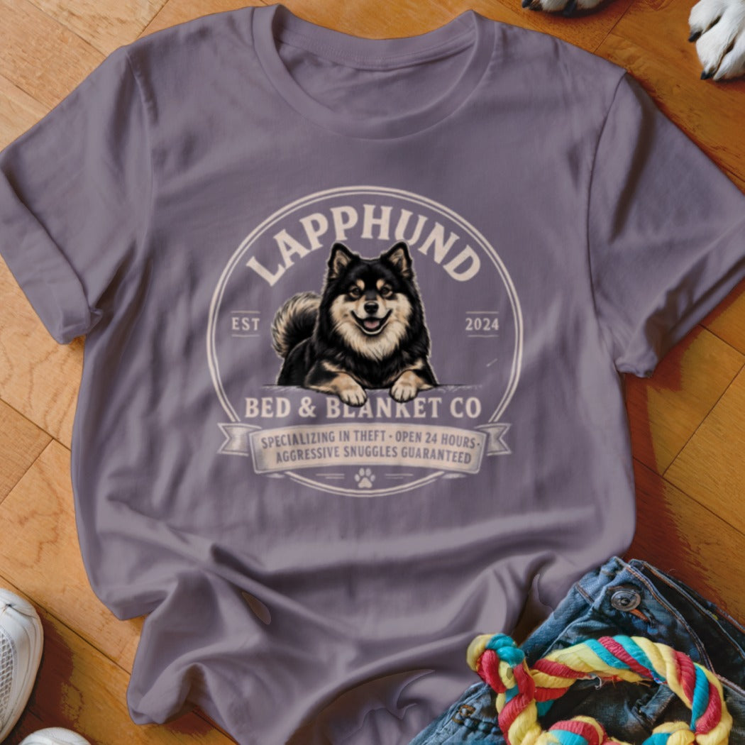 Lapphund Bed & Blanket Co. graphic with a dog, EST 2024, and humorous text.