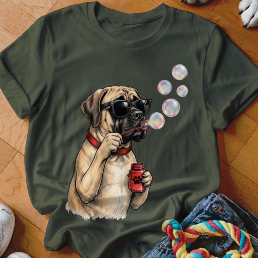 An olive green t-shirt features a graphic of a mastiff wearing sunglasses and blowing soap bubbles.