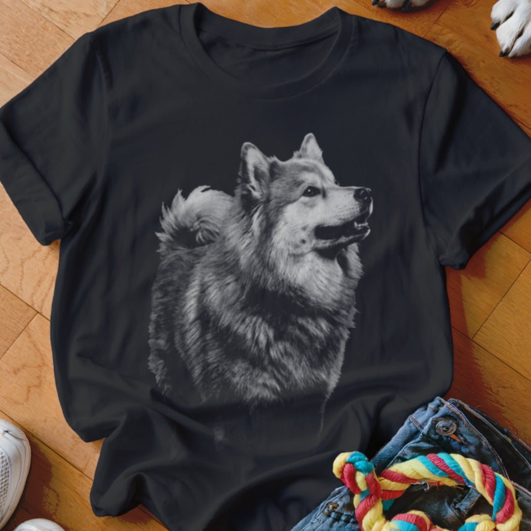 Black t-shirt with a grayscale portrait of a fluffy dog.