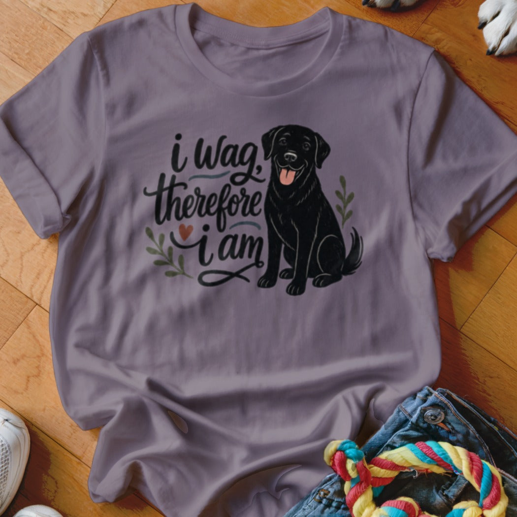 Purple t-shirt with black lab graphic and text "i wag, therefore i am."