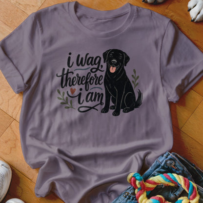 Purple t-shirt with black lab graphic and text "i wag, therefore i am."