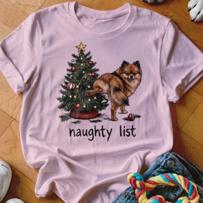 Pomeranian dog near Christmas tree with text "naughty list".