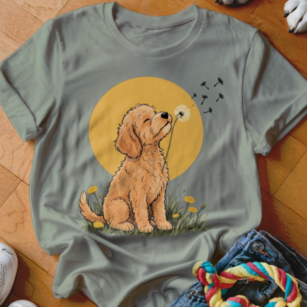 Sage green t-shirt featuring a cartoon golden doodle puppy blowing dandelion seeds against a yellow sun.