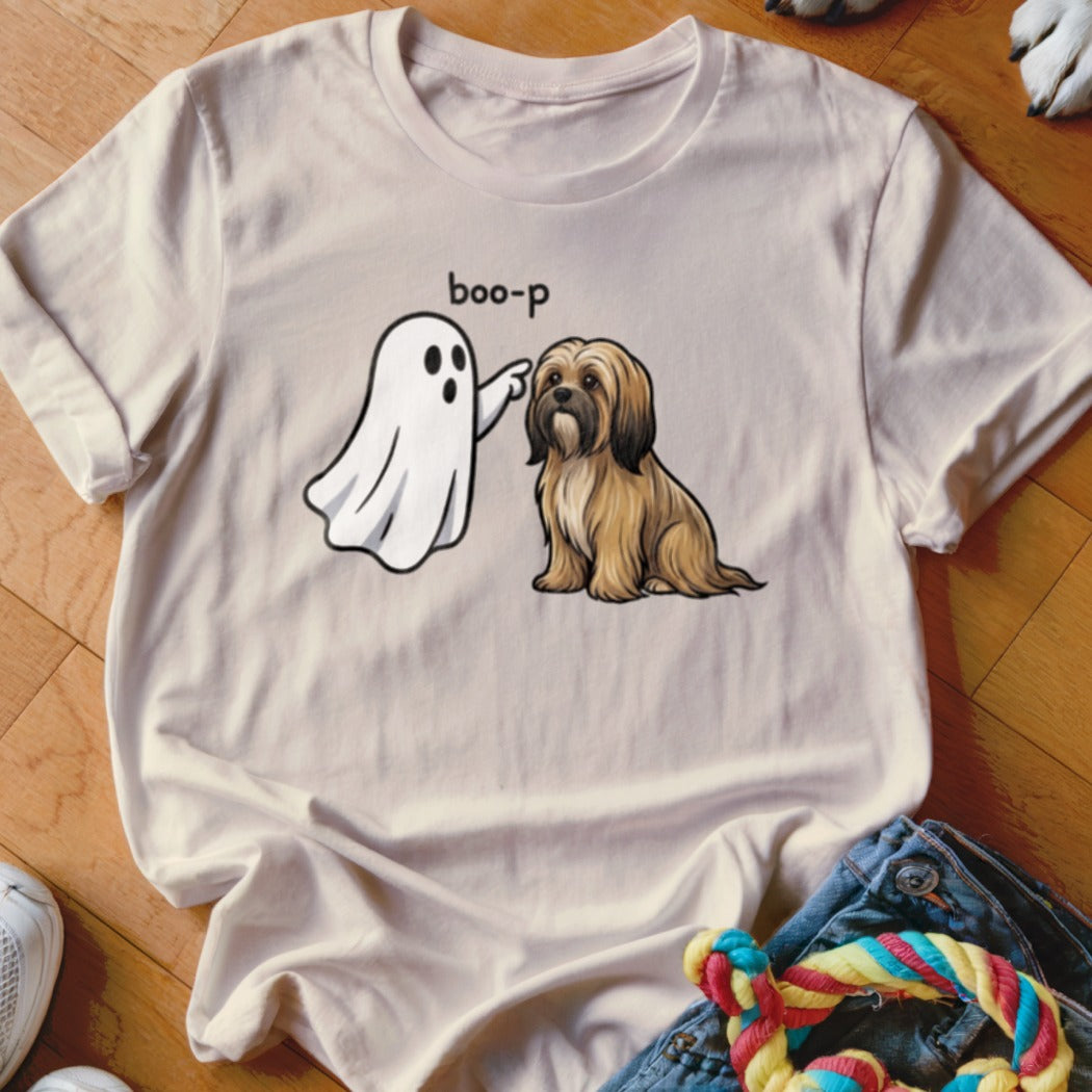 Ghost booping a shaggy brown dog on a light cream t-shirt with text "boo-p".