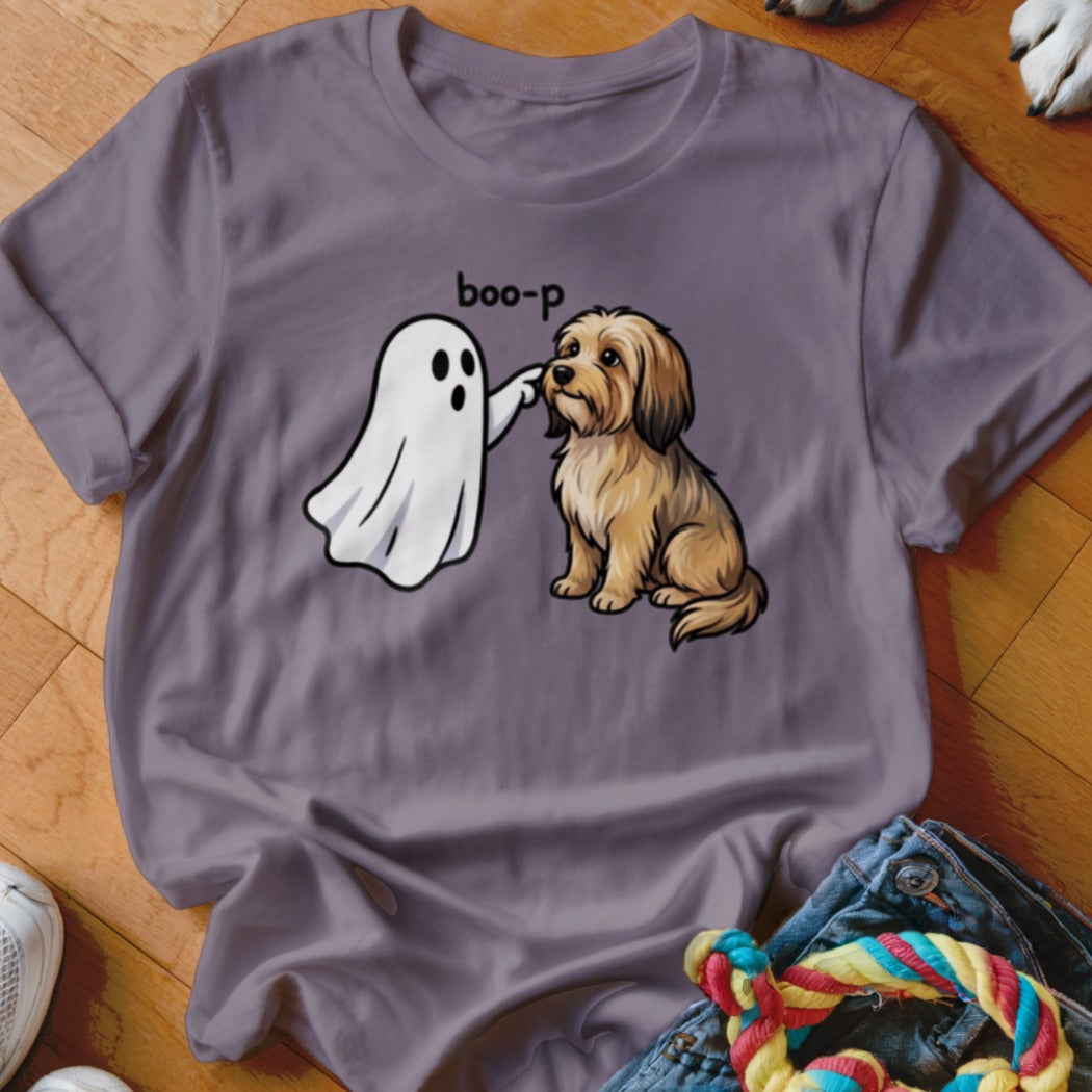 T-shirt with ghost booping dog graphic and "boo-p" text.