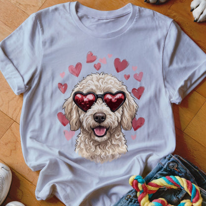 A white t-shirt featuring a graphic of a fluffy golden doodle wearing heart-shaped sunglasses surrounded by pink hearts.