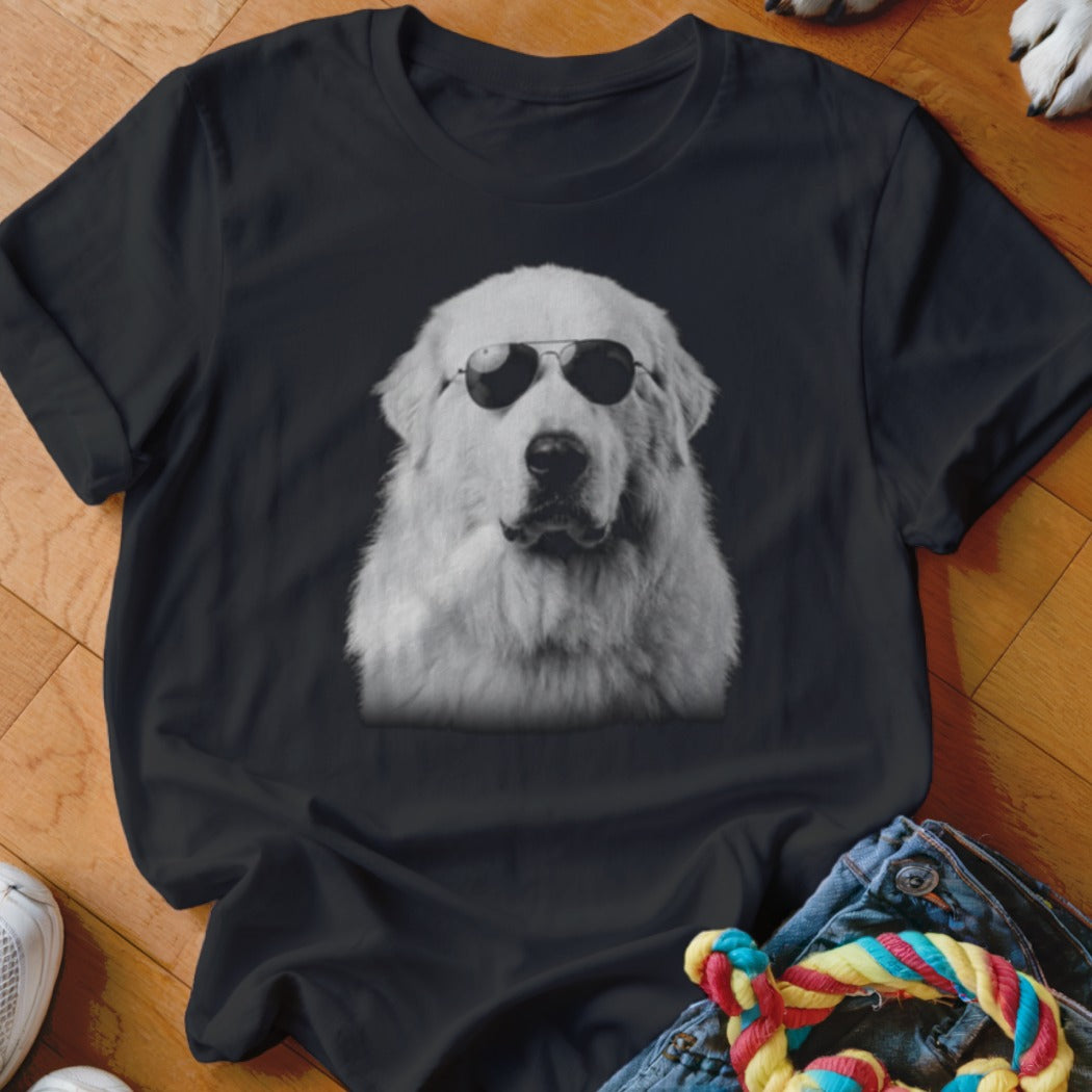 Black t-shirt with a graphic of a fluffy white dog wearing aviator sunglasses.