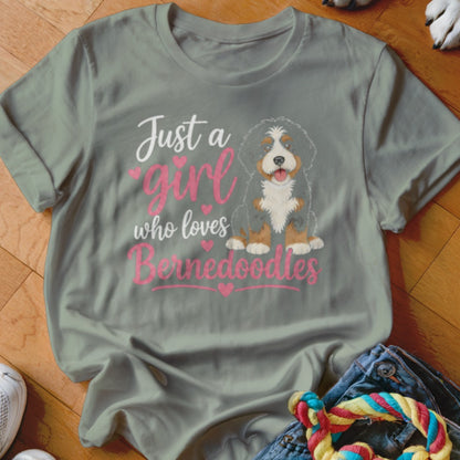 T-shirt with illustration of Bernedoodle and text "Just a girl who loves Bernedoodles."