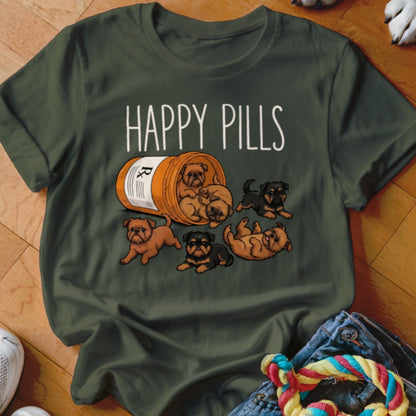 Green t-shirt with "HAPPY PILLS" text and cartoon puppies spilling from a pill bottle.