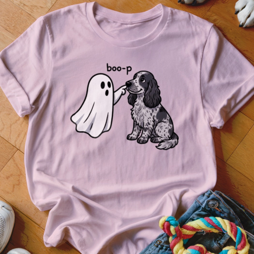 Pink t-shirt with cartoon ghost booping a dog, text says "boo-p".