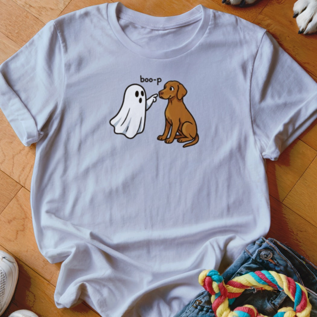 White t-shirt featuring a cartoon ghost booping a brown dog with text "boo-p".