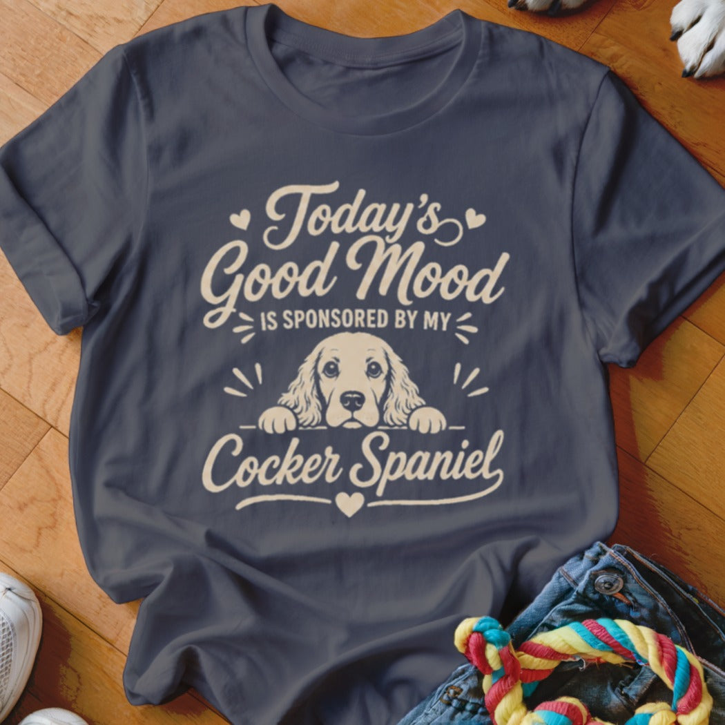 Dark gray t-shirt with "Today's Good Mood Is Sponsored By My Cocker Spaniel" text and dog graphic.