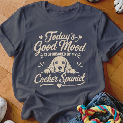 Dark gray t-shirt with "Today's Good Mood Is Sponsored By My Cocker Spaniel" text and dog graphic.