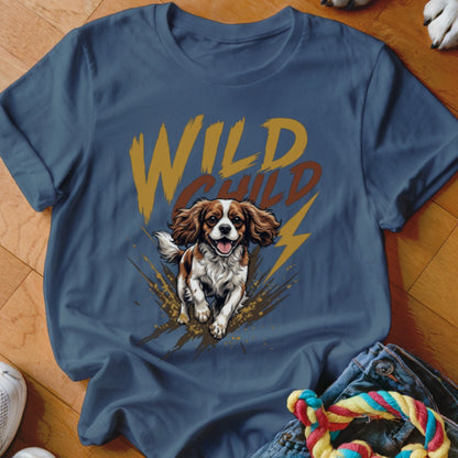 A dark blue t-shirt featuring a graphic of a running spaniel dog and the text "WILD CHILD".