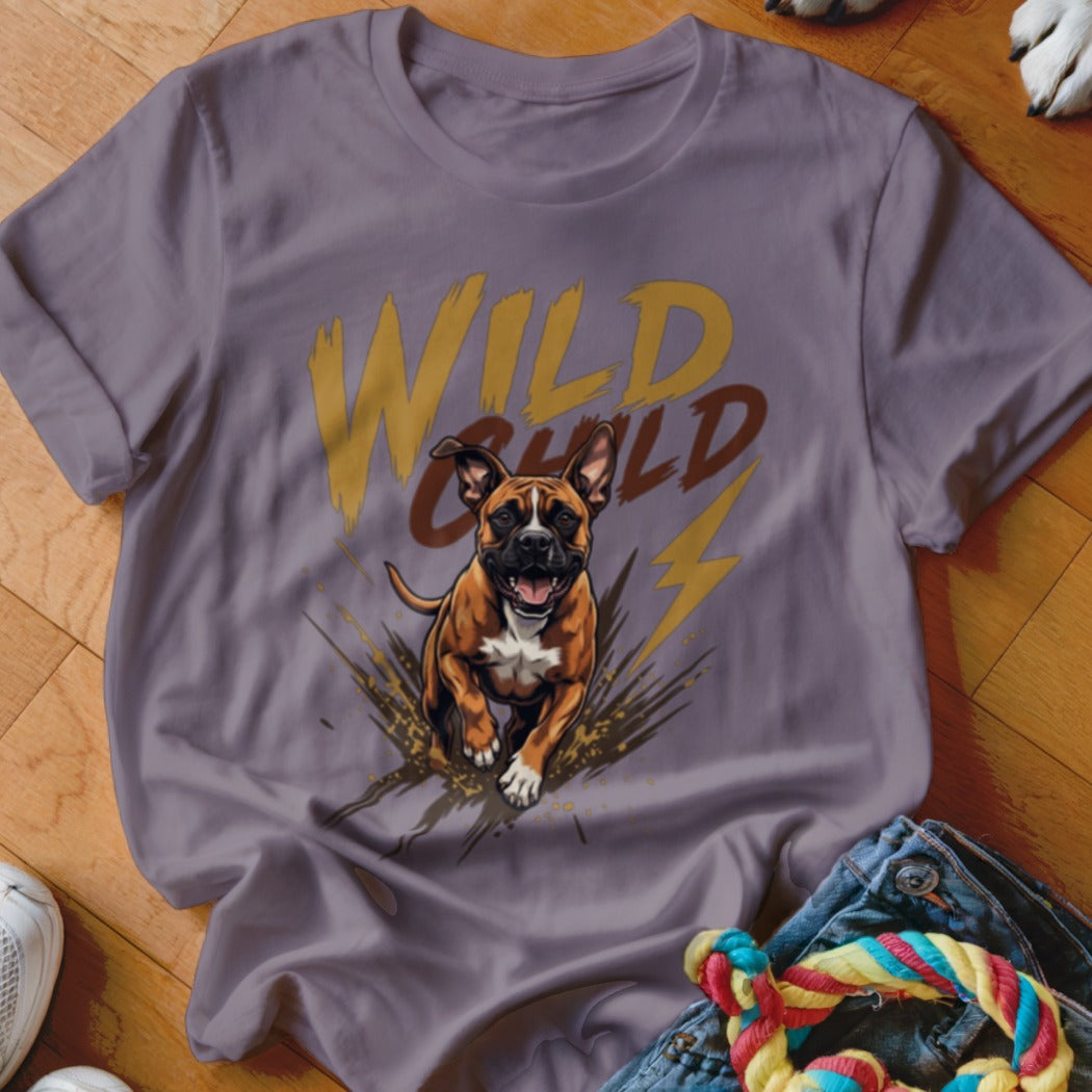 A grey crewneck t-shirt featuring a graphic of a running boxer dog and the text WILD CHILD.