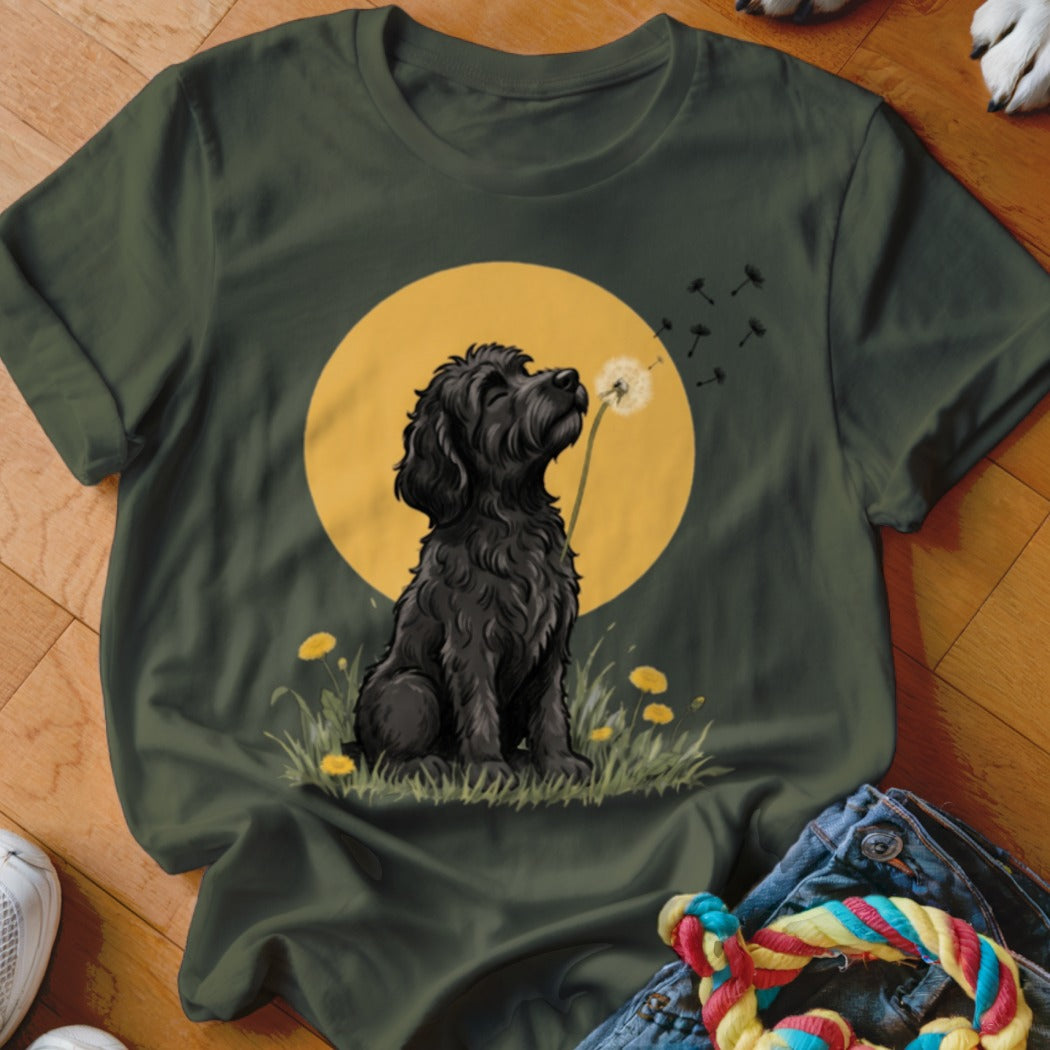 Olive green crewneck t-shirt featuring a graphic of a black poodle blowing a dandelion seed head against a large yellow circle.