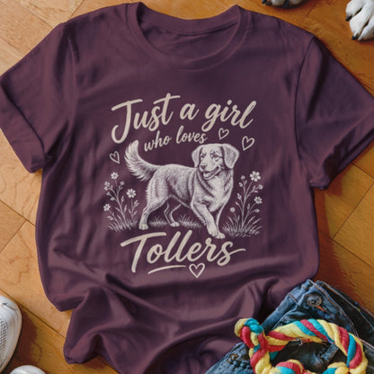 Maroon t-shirt with "Just a girl who loves Tollers" text and a dog graphic.