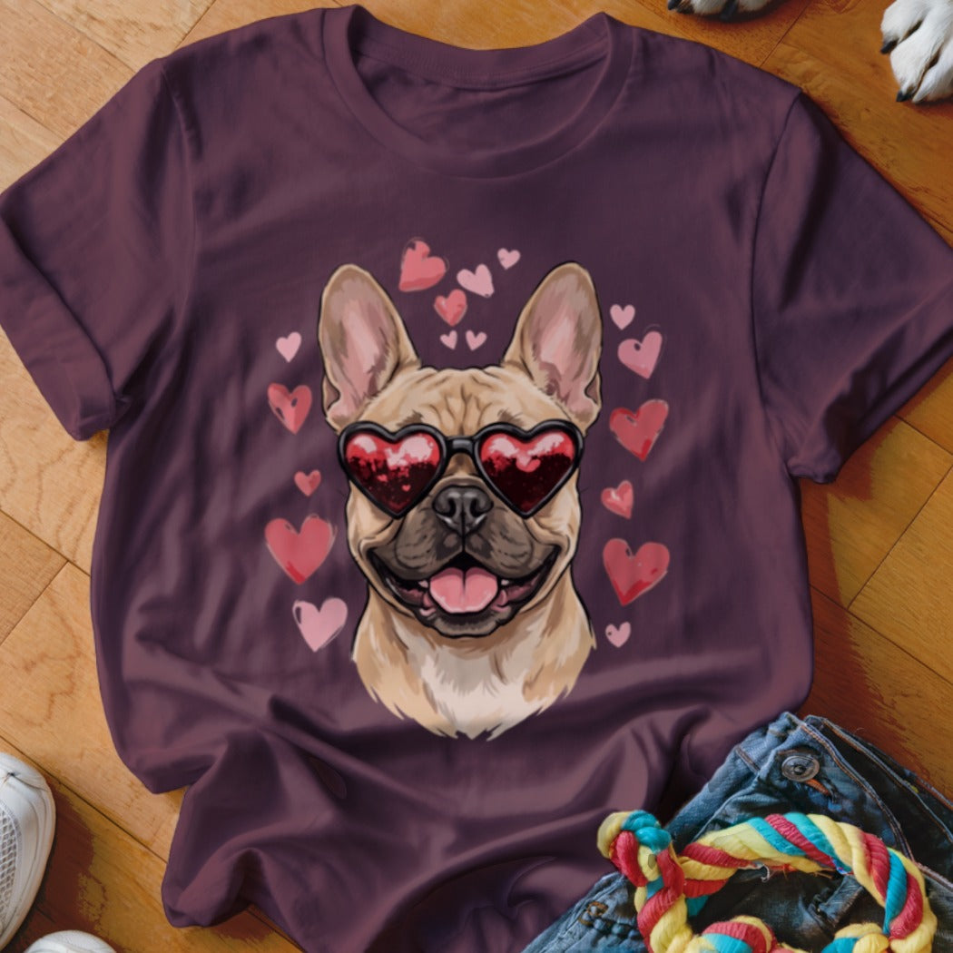 A dark purple t-shirt featuring a graphic of a French Bulldog wearing heart-shaped sunglasses surrounded by pink hearts.