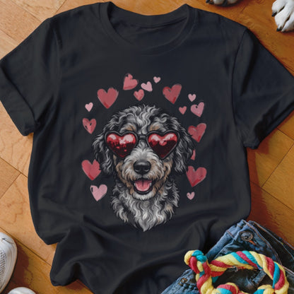 Black t-shirt featuring a graphic of a fluffy dog wearing heart-shaped sunglasses, surrounded by pink and red hearts.