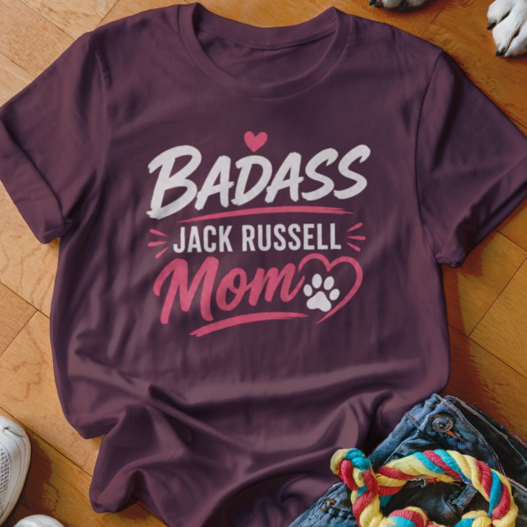 Maroon t-shirt with "Badass Jack Russell Mom" graphic and heart with paw print.