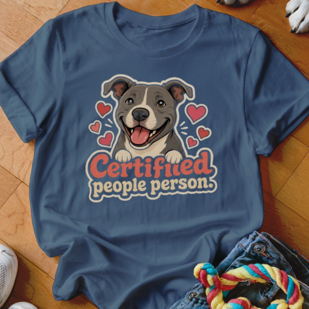 Blue t-shirt with a cartoon pit bull surrounded by hearts, text says "Certified people person".