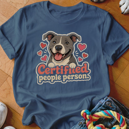 Blue t-shirt with a cartoon pit bull surrounded by hearts, text says "Certified people person".