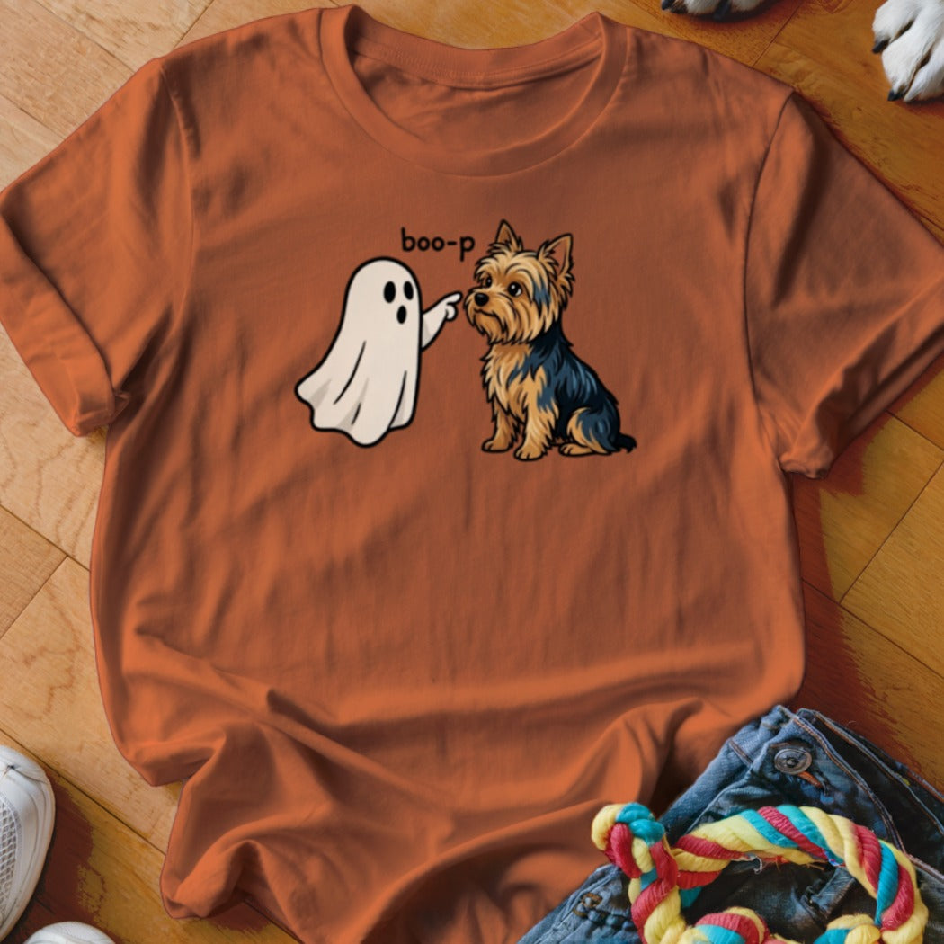 T-shirt graphic of a ghost booing a Yorkshire terrier.