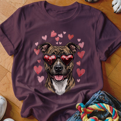 Maroon t-shirt featuring a graphic of a brindle pit bull wearing heart-shaped sunglasses surrounded by pink hearts.
