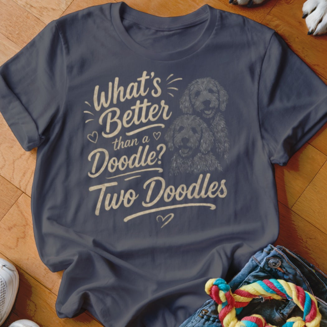 Dark t-shirt with "What's Better than a Doodle? Two Doodles" text and two doodle dogs.