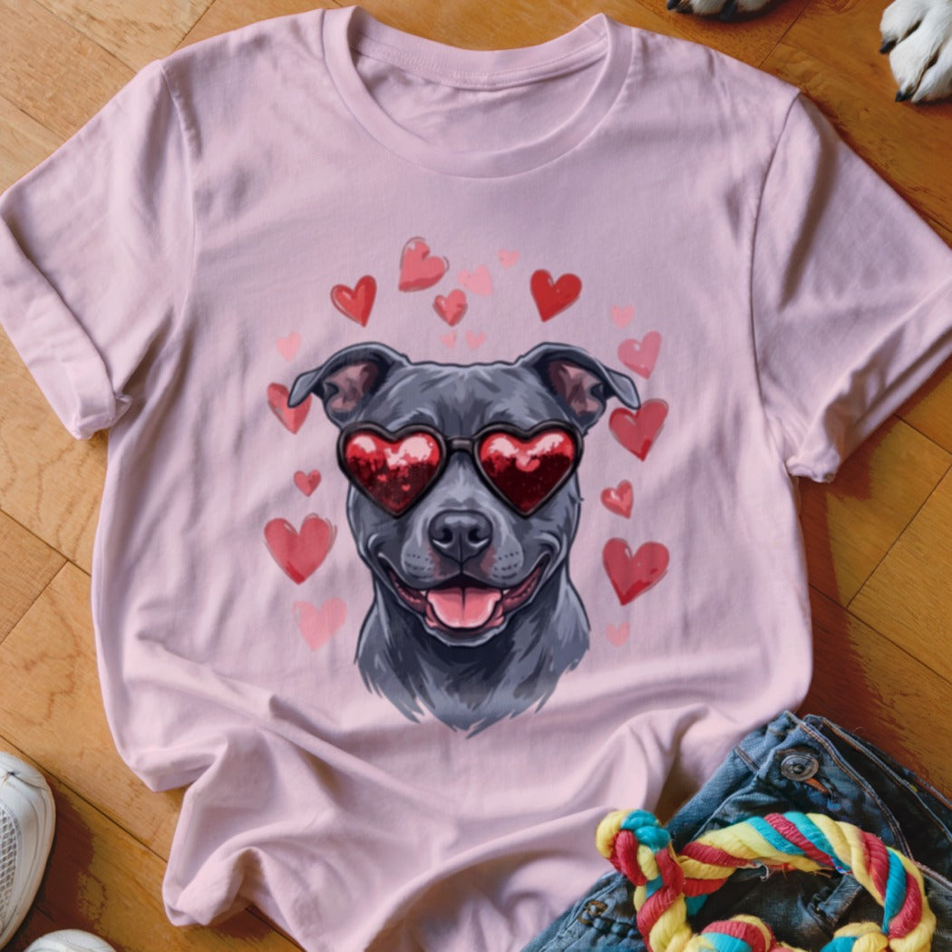 A light pink t-shirt features a graphic of a smiling black dog wearing heart-shaped sunglasses, surrounded by floating red hearts.