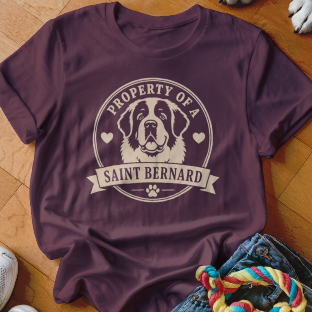 T-shirt with Saint Bernard dog graphic and text "PROPERTY OF A SAINT BERNARD".