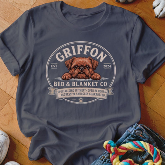Griffon Bed & Blanket Co. t-shirt with a dog and humorous text.