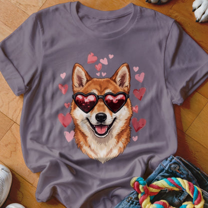 A gray crewneck t-shirt featuring a Shiba Inu wearing heart-shaped sunglasses surrounded by pink hearts.