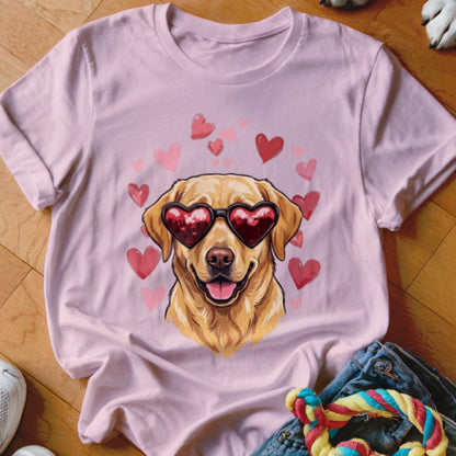 Light pink t-shirt featuring a Golden Retriever wearing heart-shaped sunglasses, surrounded by pink hearts.