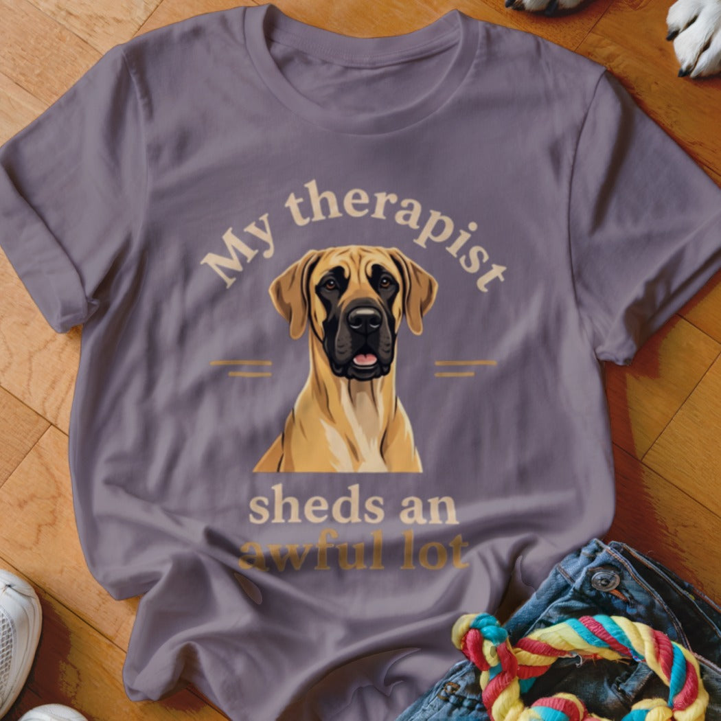 Great Dane illustration with text "My therapist sheds an awful lot".