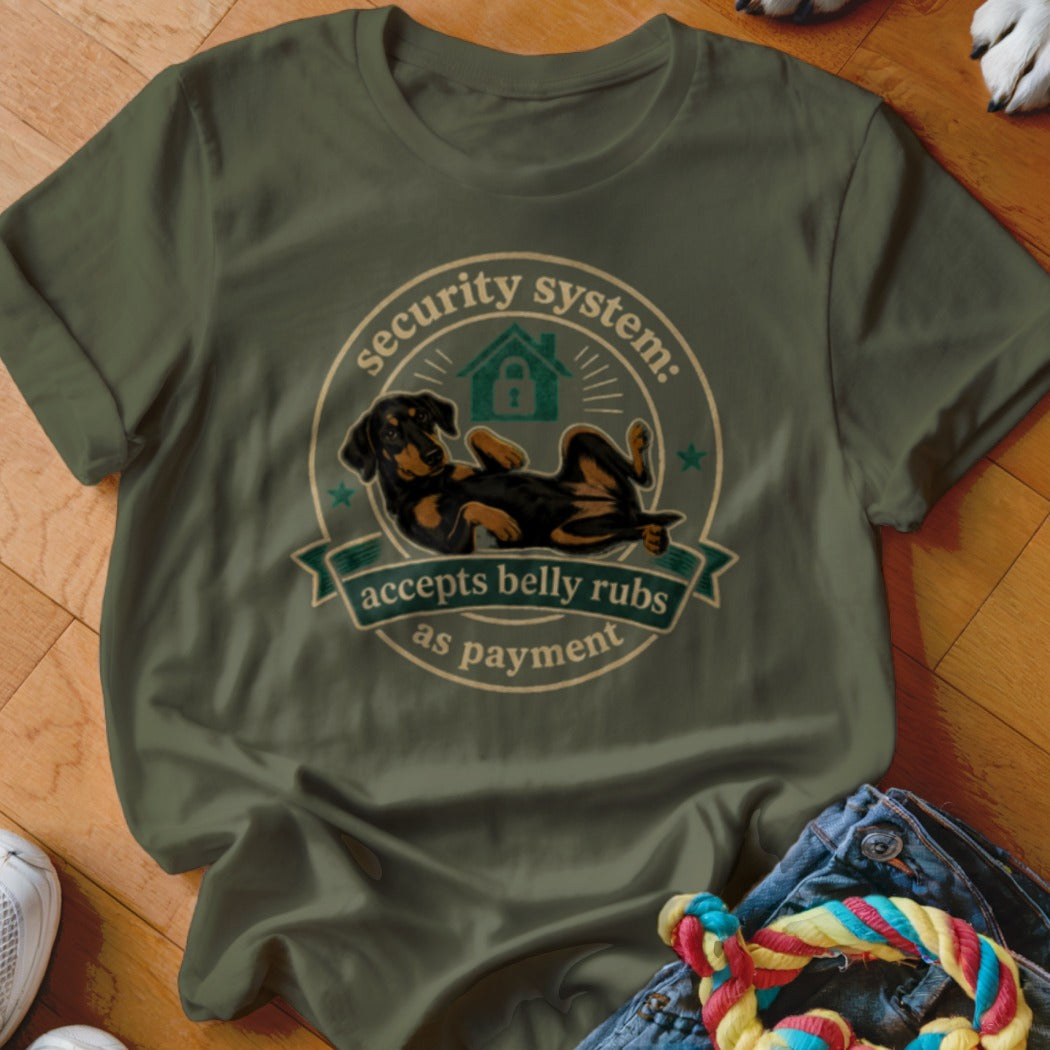 Green t-shirt with dog graphic: "security system: accepts belly rubs as payment."