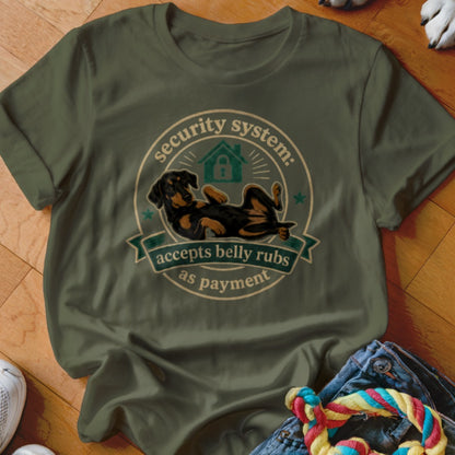 Green t-shirt with dog graphic: "security system: accepts belly rubs as payment."