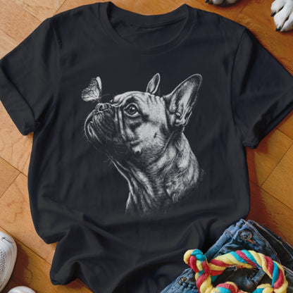 A black t-shirt features a white sketch of a French Bulldog looking at a butterfly on its nose.