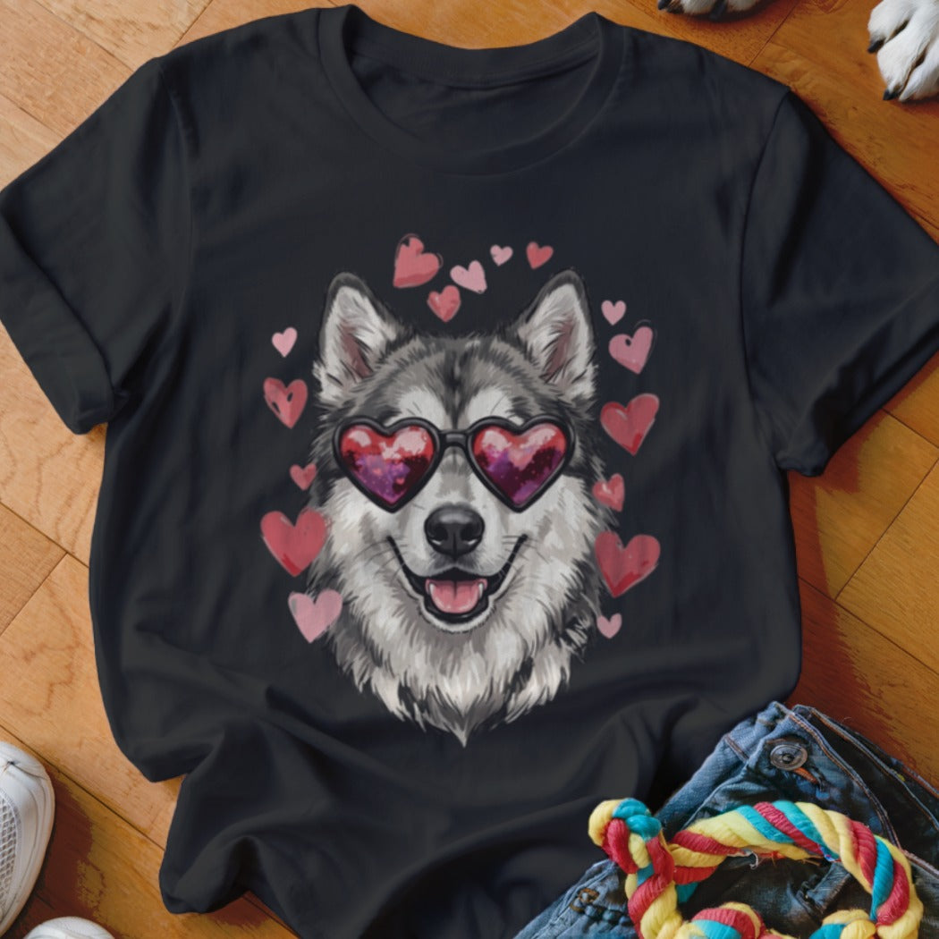 Black t-shirt featuring a graphic of a husky wearing heart-shaped sunglasses surrounded by pink hearts.