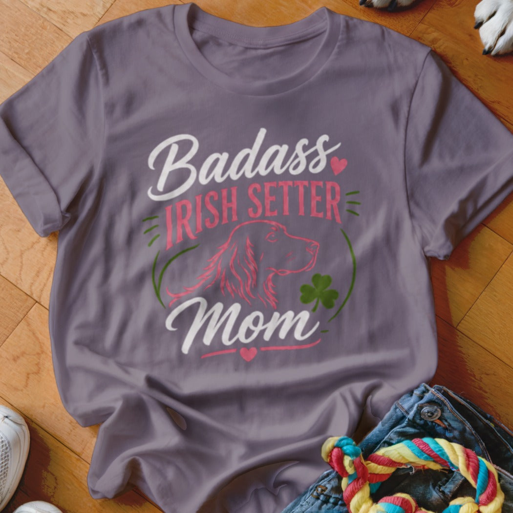 Purple t-shirt with "Badass Irish Setter Mom" graphic and dog silhouette.