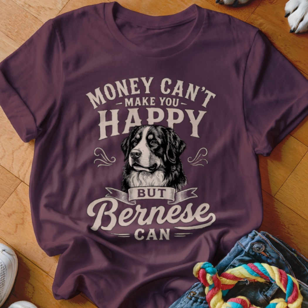 Maroon t-shirt with "Money Can't Make You Happy But Bernese Can" text and dog.