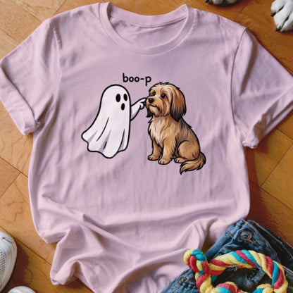 Pink t-shirt with a cartoon ghost saying "boo-p" to a small brown dog.