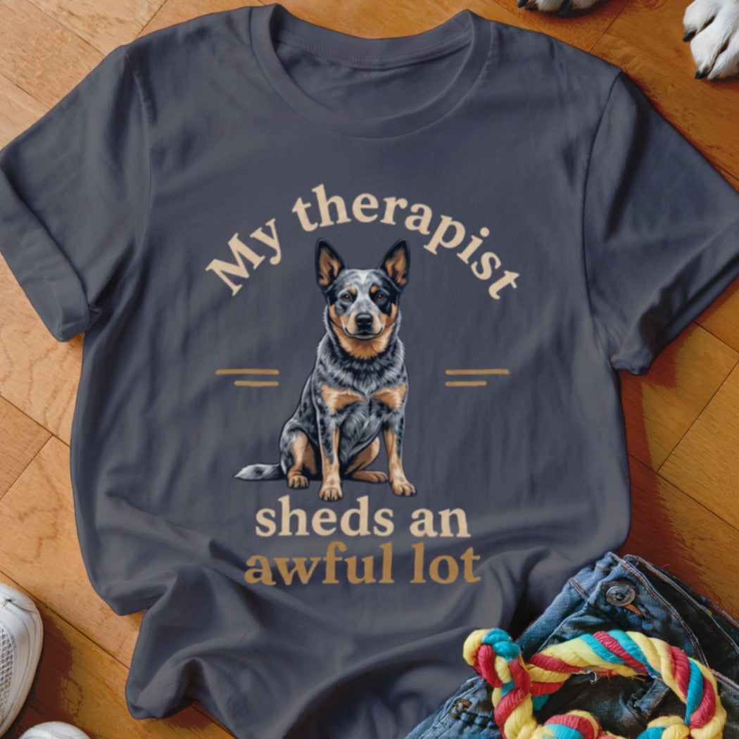 Gray t-shirt with Australian Cattle Dog and text "My therapist sheds an awful lot".