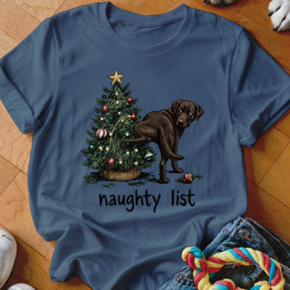 Brown dog at Christmas tree with text "naughty list".
