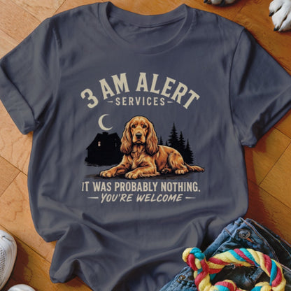 Dark gray t-shirt with "3 AM ALERT SERVICES" and a dog graphic.