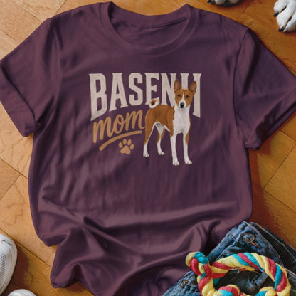 T-shirt with "BASENJI mom" text and a Basenji dog illustration.