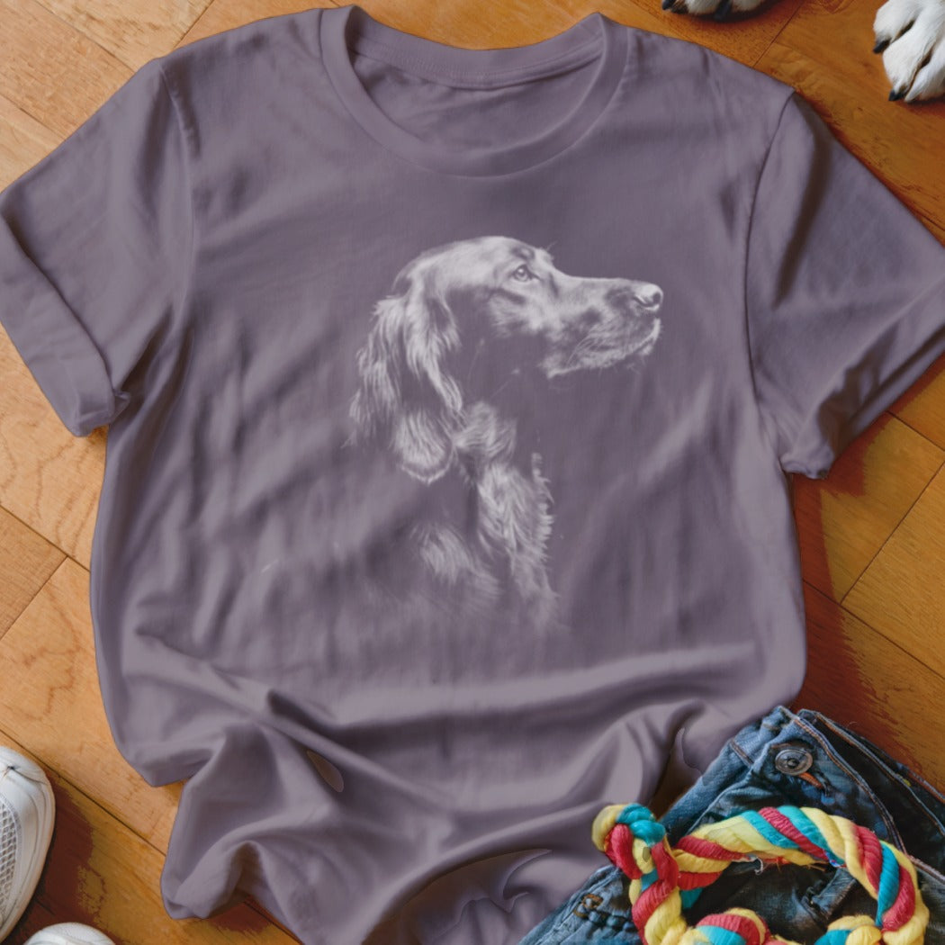 Purple t-shirt with a greyscale drawing of a dog's head in profile.
